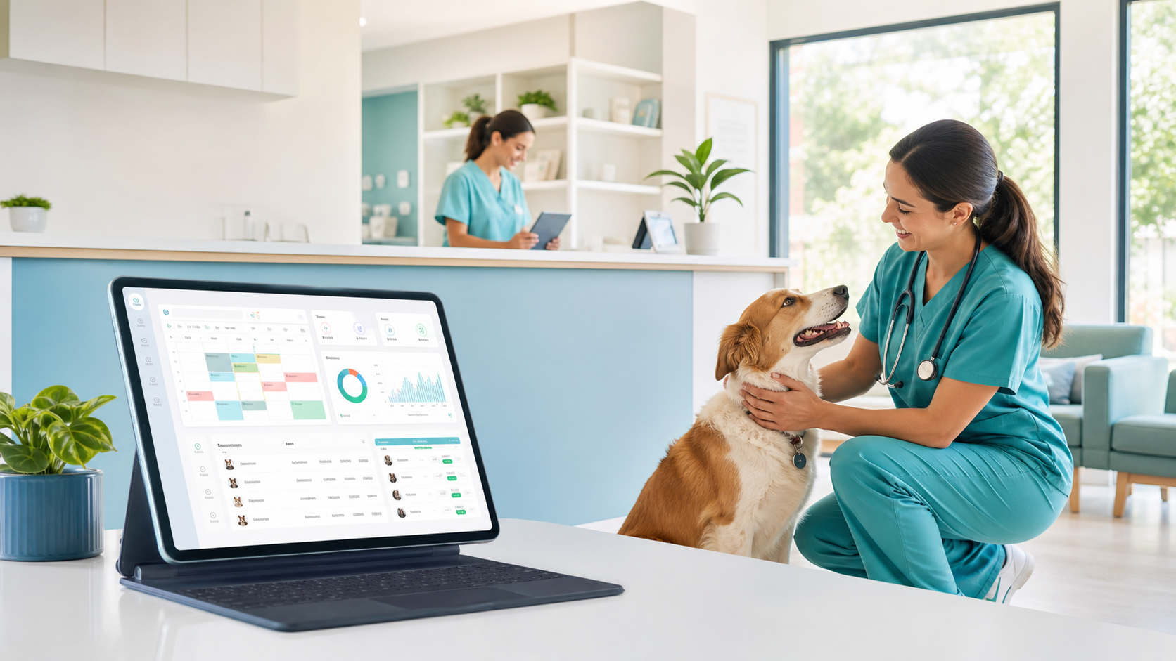 Veterinária usando um sistema de gestão durante o atendimento